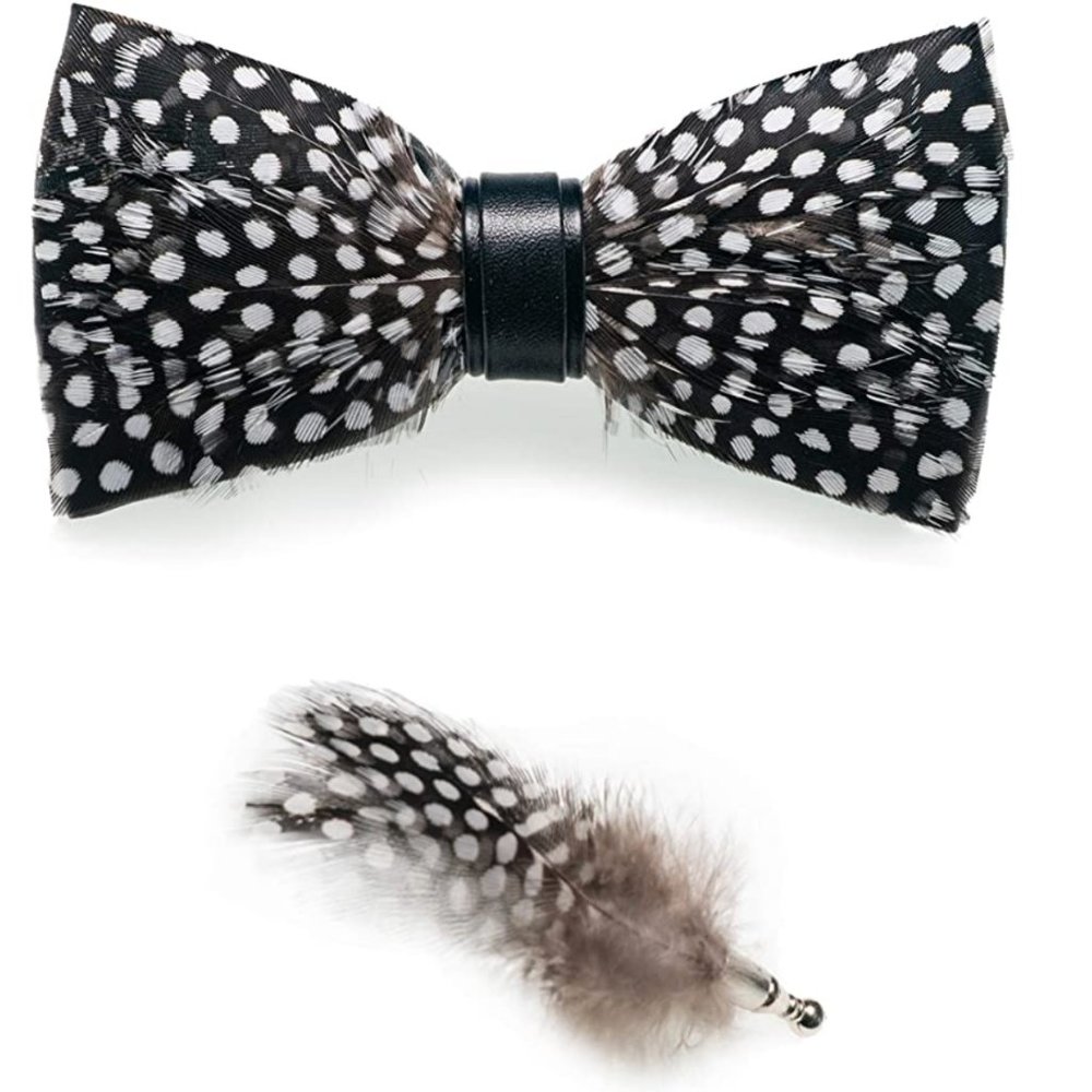 Mens Natural Feather Pre Tied Bowtie & Lapel Pin